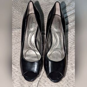 Black Leather Toe Peep Heels